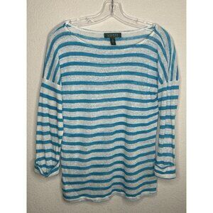 Lauren Ralph Lauren Top Womens Medium Linen Stripe Beach Coastal White Aqua Blue